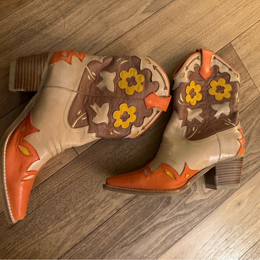 Jeffrey Campbell Looney Orange and Brown Floral Western Leather Boots